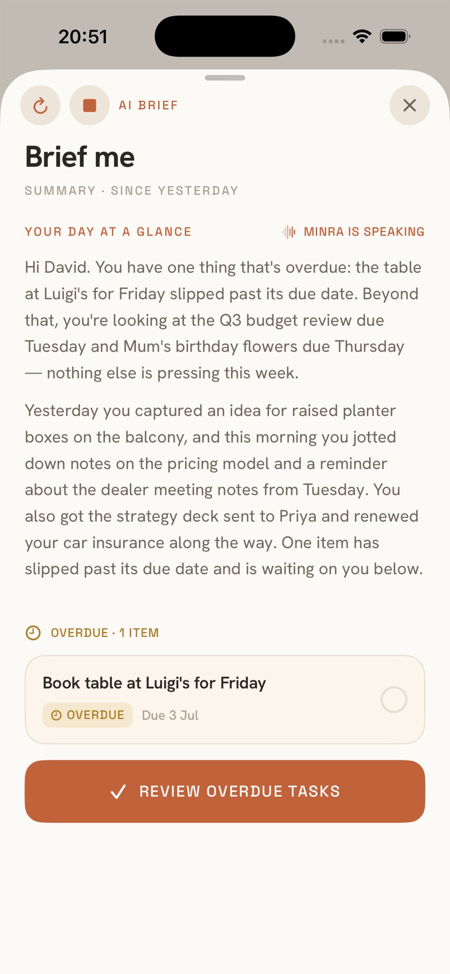 Minra brief sheet summarizing the day's memories and one overdue task, with a review button.
